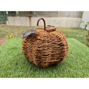 Vtg Metal Jute Rope Pumpkin Metal Leaves & Stem 9" X 7" Fall Thanksgiving Hallow